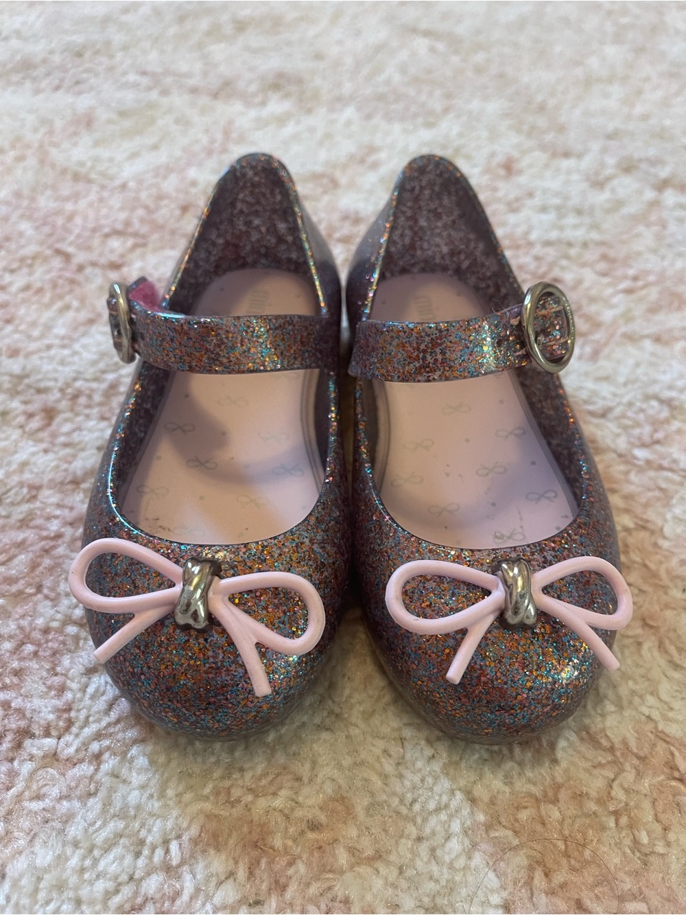 Mini Melissa Glitter Mary Janes with Pink Bow Accent